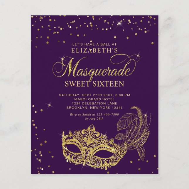 Lámina BUDGET Purple Gold Photo Masquerade Sweet 16 (Anverso)