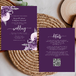 Lámina Budget Purple Lilac Silver Floral QR Code Wedding