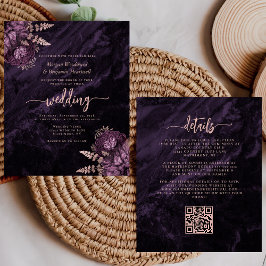 Lámina Budget Purple Rose Gold Floral QR Code Wedding