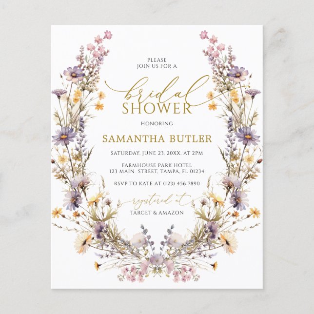 Lámina Budget Purple Wildflowers Bridal Shower Invitation (Anverso)