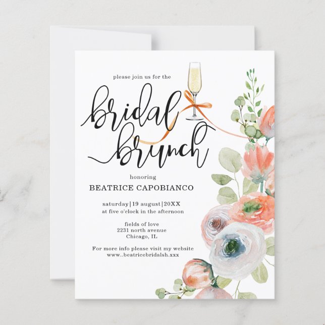 Lámina Budget  Romantic Coral Floral Bridal Brunch Card (Anverso)
