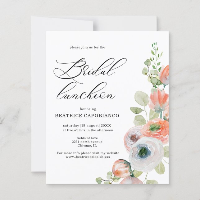 Lámina Budget  Romantic Coral Floral Bridal Luncheon Card (Anverso)