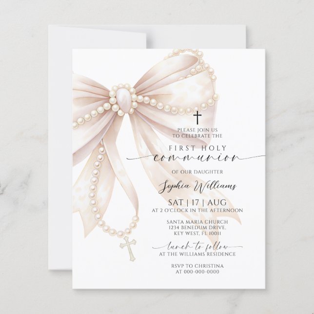 Lámina Budget Rosary Bow First Holy Communion Invitation (Anverso)