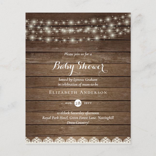 Lámina Budget Rustic Lights Mason Jars Lace Baby Shower (Anverso)
