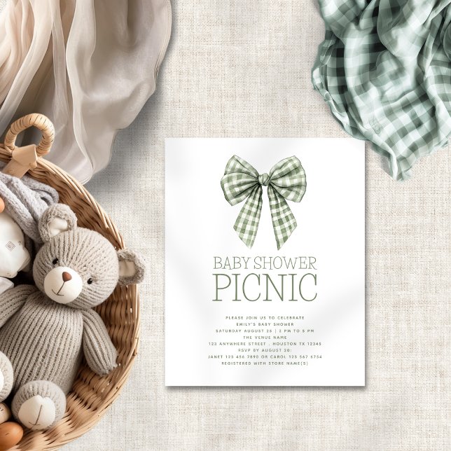 Lámina Budget Sage Gingham Bow Baby Shower Picnic (Budget priced smaller 4.5 x 5.6" invite)