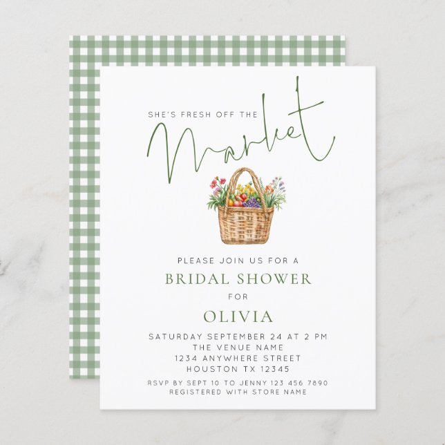 Lámina Budget Sage Gingham She’s off Market Bridal Shower (Anverso / Reverso)