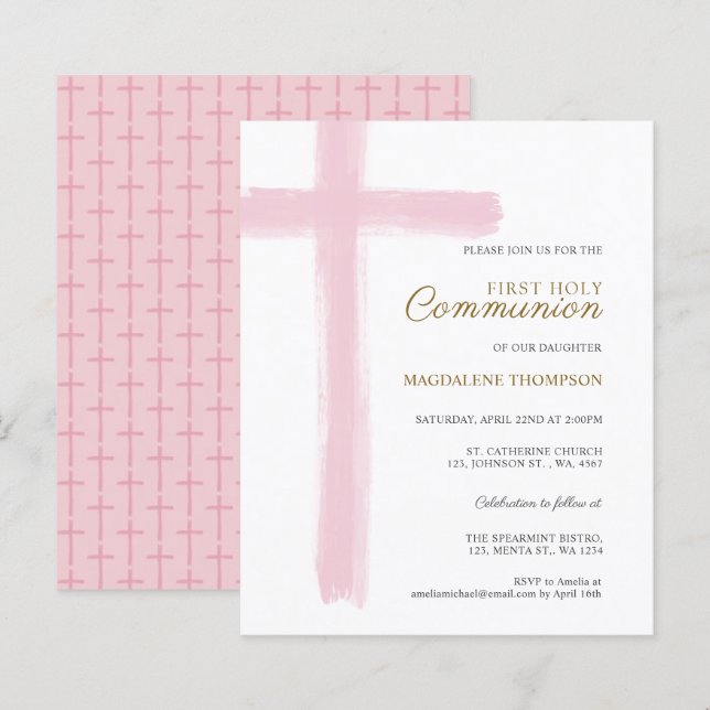 Lámina Budget Simple Pink Cross Girl First Holy Communion (Anverso / Reverso)
