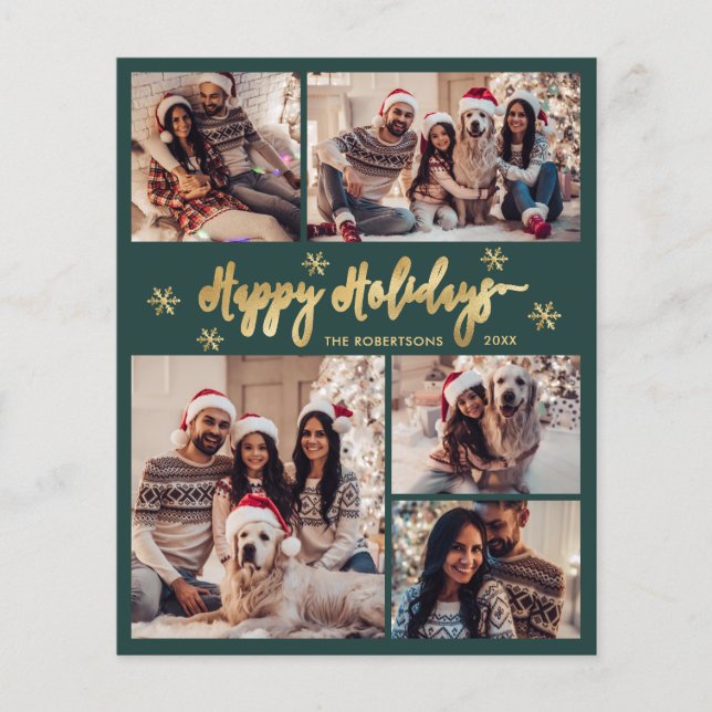 Lámina Budget Snowflake Green Gold 5 Photo Collage Card (Anverso)