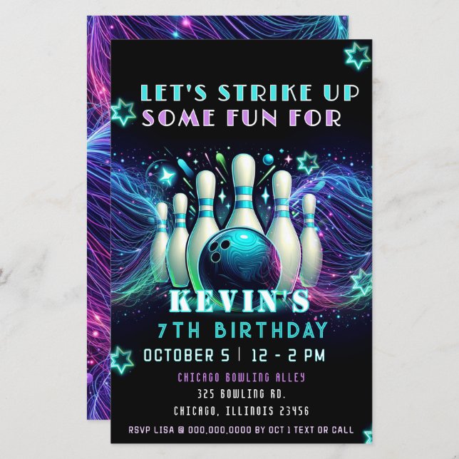 Lámina Budget Strike Up Neon Glow Bowling Birthday (Anverso / Reverso)