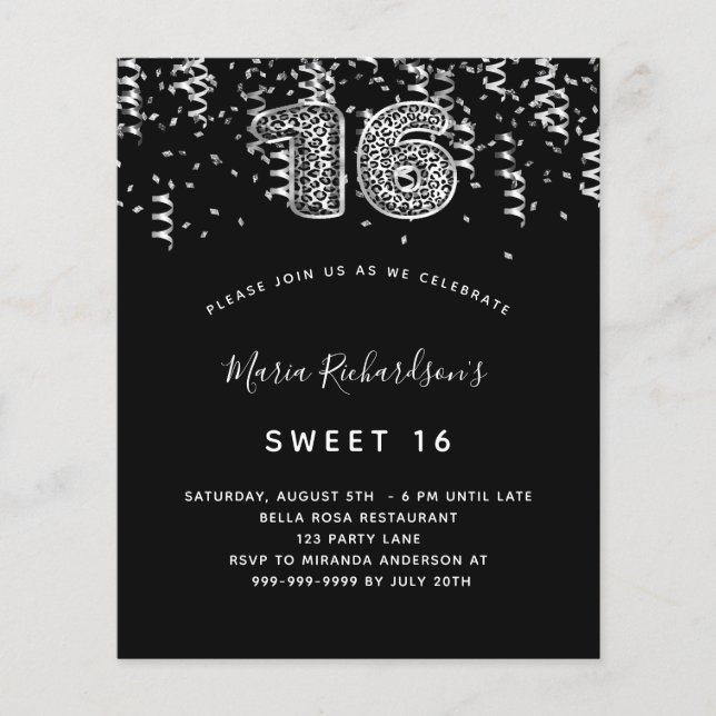 Lámina Budget Sweet 16 confetti de leopardo de plata negr (Anverso)