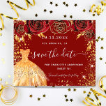 Lámina Budget Sweet 16 red gold dress save the date<br><div class="desc">A girly and trendy Save the Date card for a Sweet 16, 16th birthday party. A stylish red background decorated red roses, golden colored faux glitter sparkles and a dress. Personalize and add a date and name/age. The text: Save the Date is written with a large trendy hand lettered style...</div>