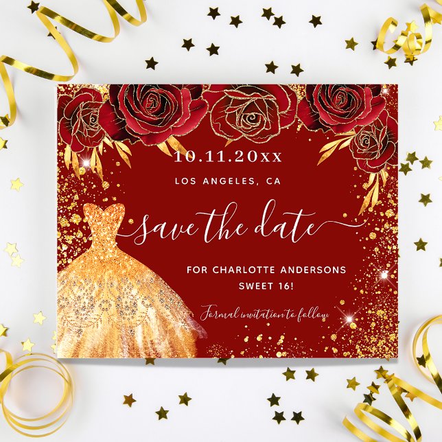 Lámina Budget Sweet 16 red gold dress save the date (Subido por el creador)