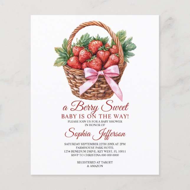 Lámina Budget Sweet Strawberry Baby Shower Invitation (Anverso)
