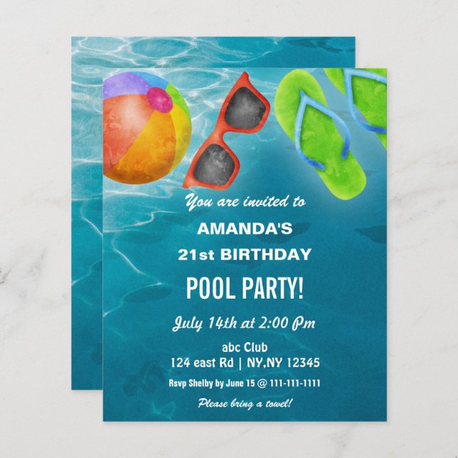 Lámina Budget Swimming Pool Party Birthday Invitation (Anverso / Reverso)