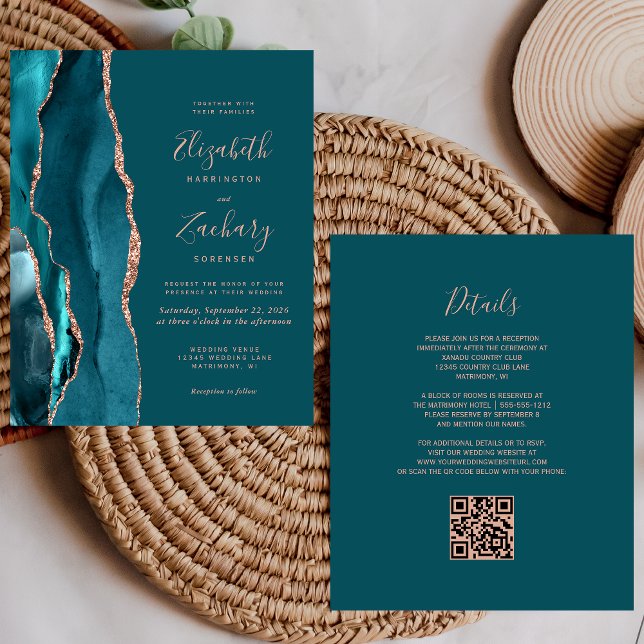 Lámina Budget Teal Agate Rose Gold QR Code Wedding Invite (Subido por el creador)