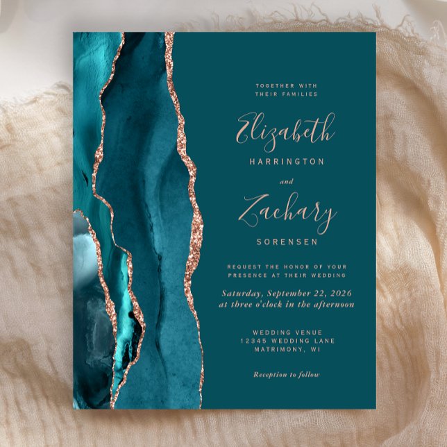 Lámina Budget Teal Agate Rose Gold Wedding Invitation (Subido por el creador)