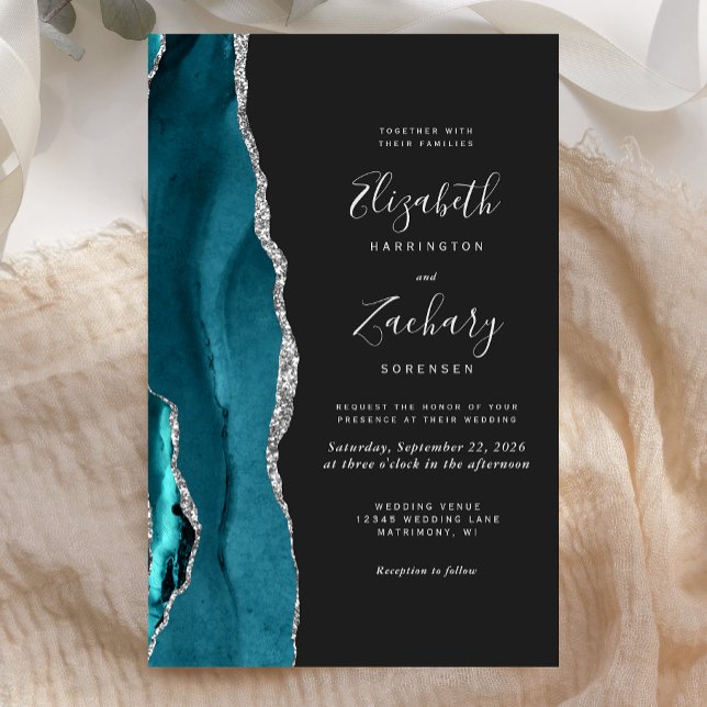 Lámina Budget Teal Blue Silver Agate Dark Wedding Invite (Subido por el creador)