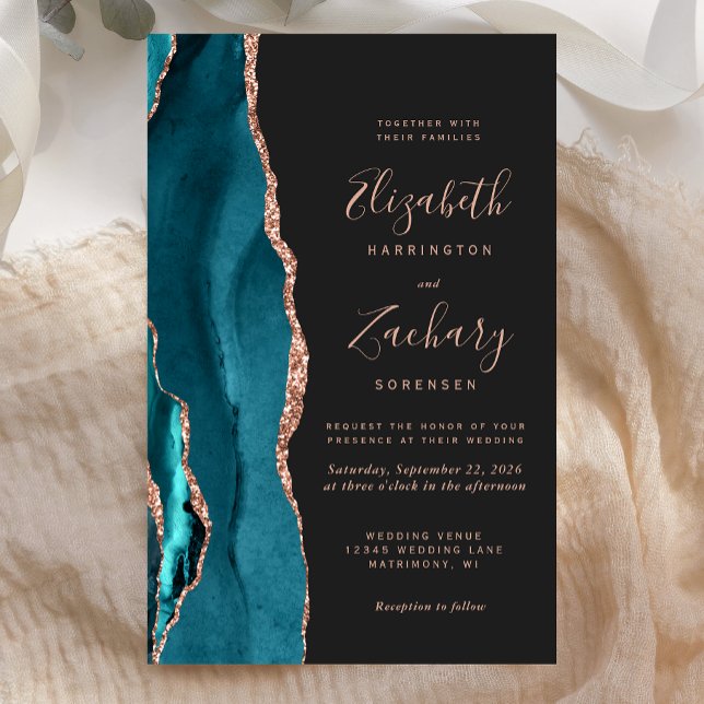 Lámina Budget Teal Rose Gold Agate Dark Wedding Invite (Subido por el creador)