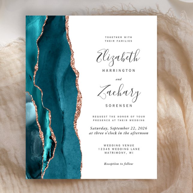 Lámina Budget Teal Rose Gold Agate Wedding Invitation (Subido por el creador)