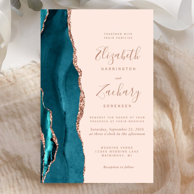 Lámina Budget Teal Rose Gold Agate Wedding Invitation (Subido por el creador)