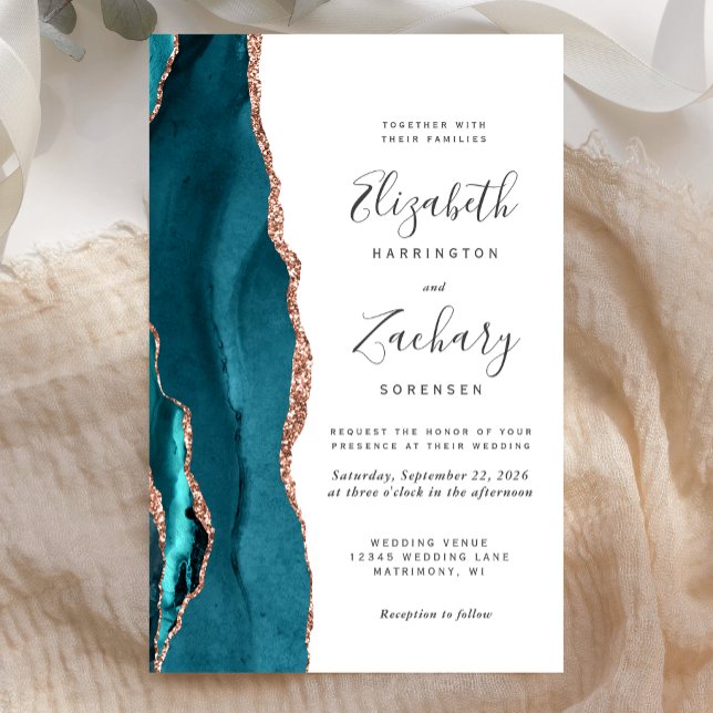 Lámina Budget Teal Rose Gold Agate Wedding Invitation (Subido por el creador)