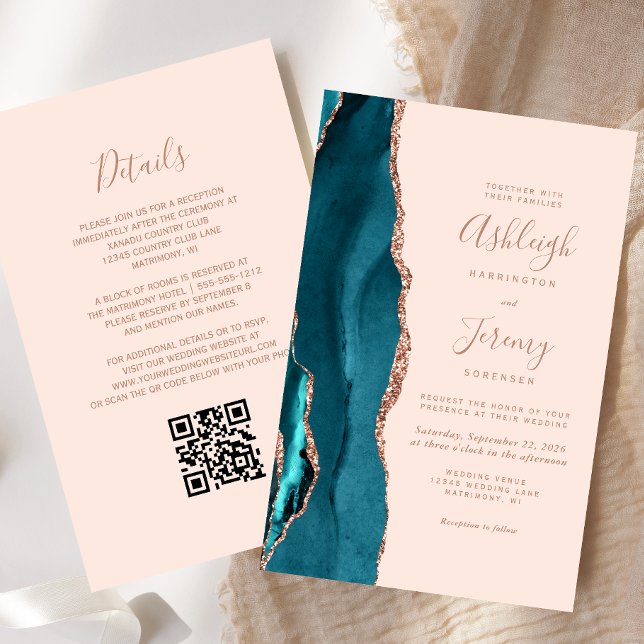 Lámina Budget Teal Rose Gold Blush QR Code Wedding Invite (Subido por el creador)