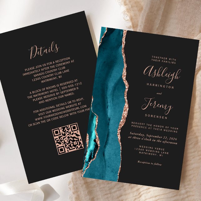 Lámina Budget Teal Rose Gold Dark QR Code Wedding Invite (Subido por el creador)