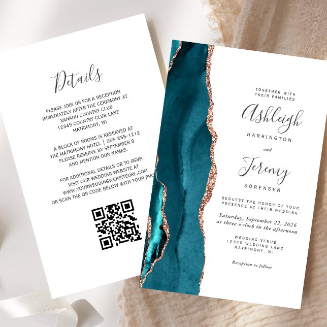 Lámina Budget Teal Rose Gold QR Code Wedding Invitation (Subido por el creador)