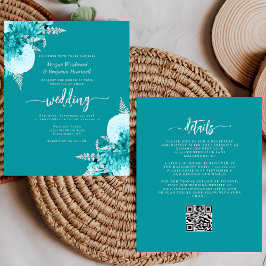 Lámina Budget Turquoise Silver Floral QR Code Wedding