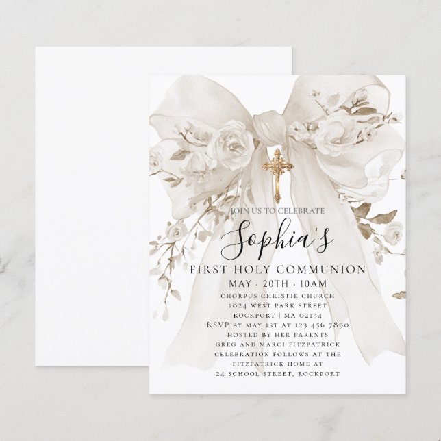 Lámina BUDGET White Bow Rose First Communion Invite (Anverso / Reverso)