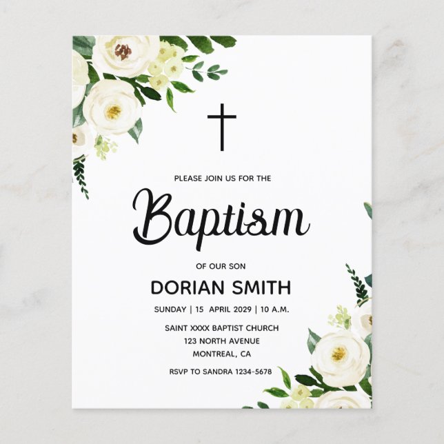 Lámina Budget White Floral Boy Baptism invitation (Anverso)
