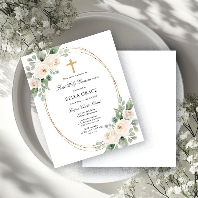 Lámina Budget White Floral First Communion Invitation (Subido por el creador)