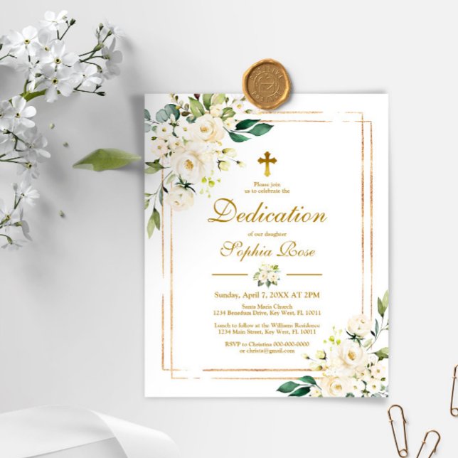 Lámina Budget White Flowers & Gold Dedication Invitation (Subido por el creador)