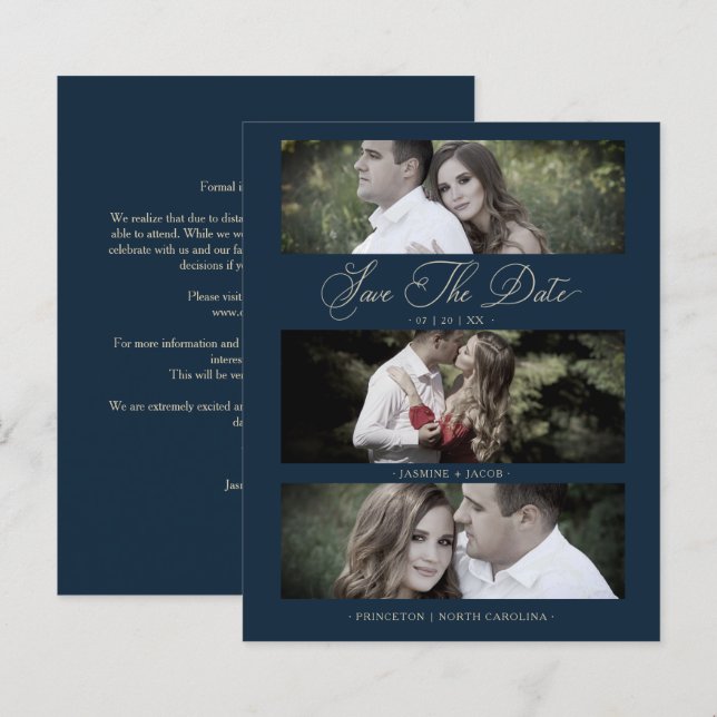 Lámina Budget Wimshical Script Navy Wedding 3 Photos (Anverso / Reverso)