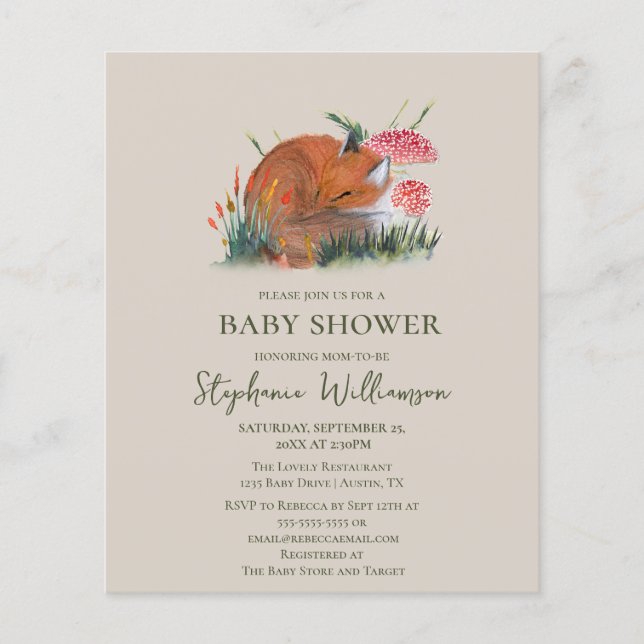 Lámina Budget Woodland Fox Autumn Baby Shower (Anverso)