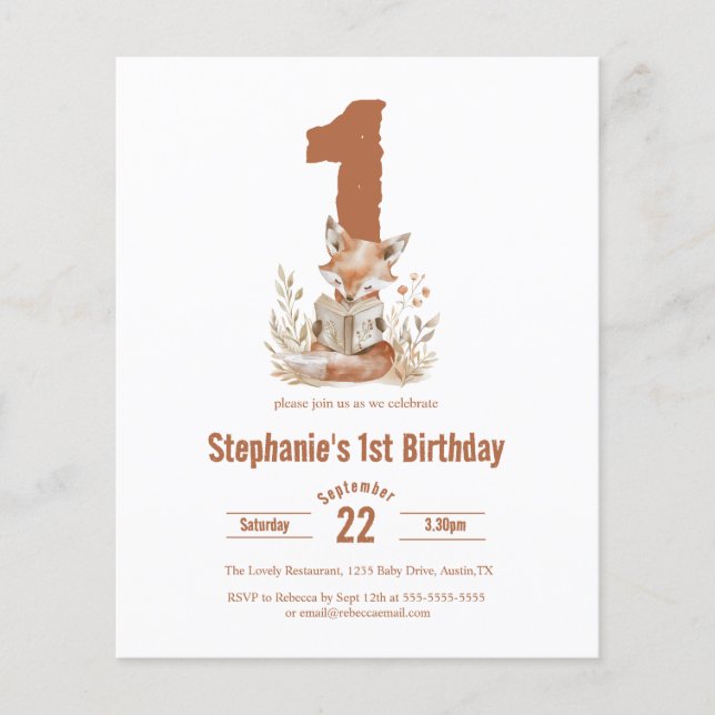 Lámina Budget Woodland Fox leyendo un libro primer cumple (Anverso)