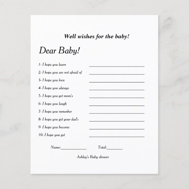 Lámina Bueno deseos para el juego de la ducha bebé (Anverso)