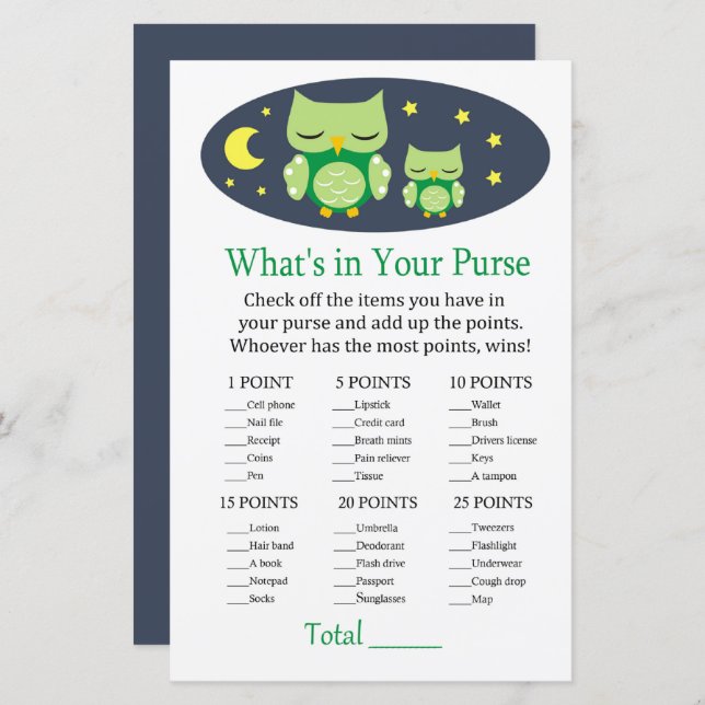 Lámina Búho somnoliento ¿Qué hay en el juego de su bolso? (Anverso / Reverso)