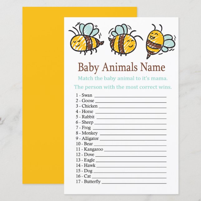 Lámina Bumble Bee Baby Animals Nombre Juego (Anverso / Reverso)