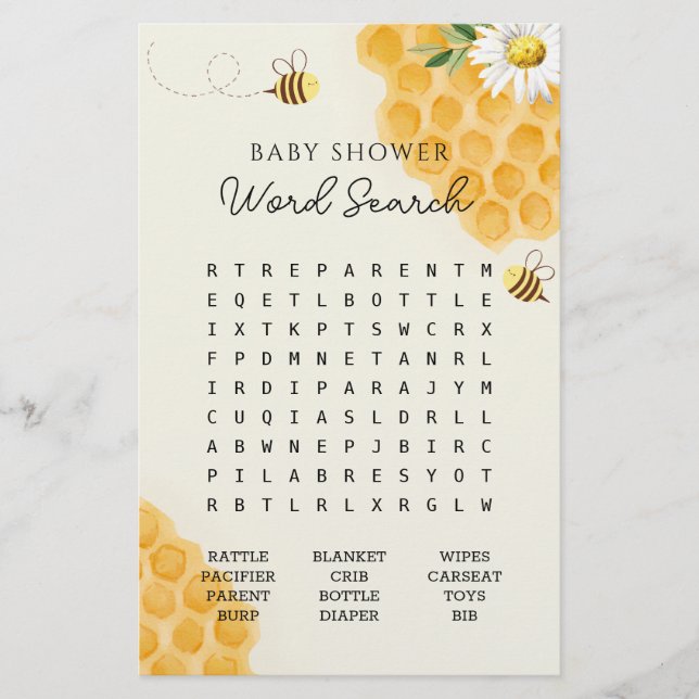 Lámina Bumble Bee Baby Shower Word Search Game (Anverso)