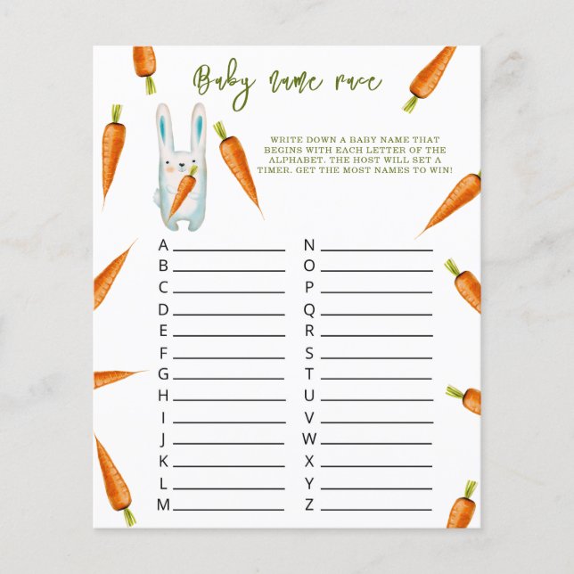 Lámina Bunny - Juego de carreras de nombre del bebé (Anverso)