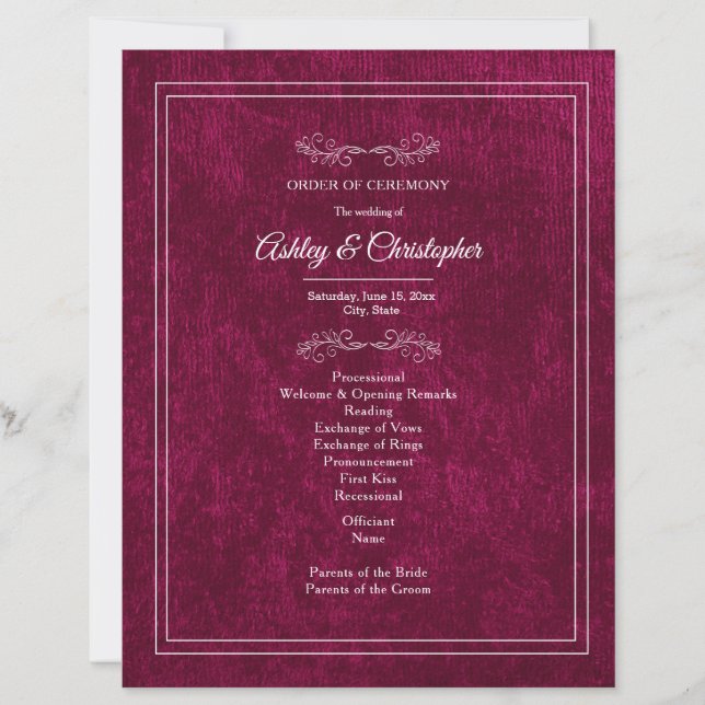 Lámina Burgundy Berry Velvet White Wedding Program (Anverso)