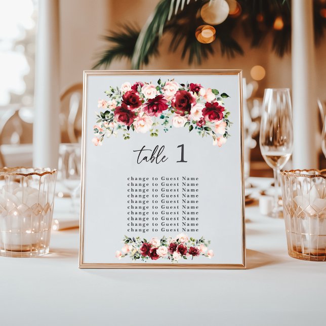 Lámina Burgundy Blush Floral Wedding Table Seating Chart (Subido por el creador)