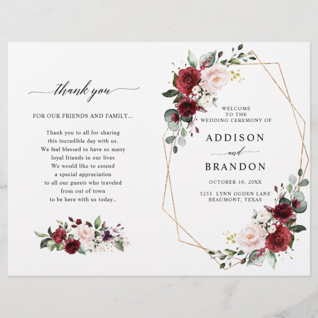 Lámina Burgundy Blush Modern Geometric Wedding Program (Anverso)