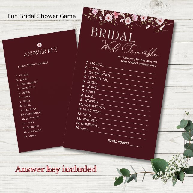 Lámina Burgundy Bridal Word Scramble Game With Answer Key (Subido por el creador)