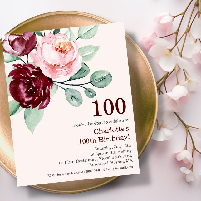 Lámina Burgundy Floral 100.ª invitación al cumpleaños del (Subido por el creador)