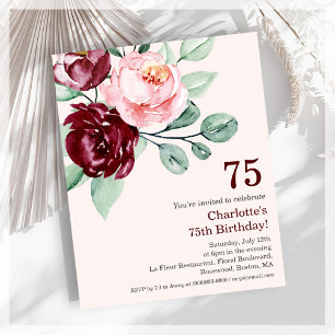 Lámina Burgundy Floral 75.ª invitación al cumpleaños