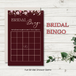 Lámina Burgundy Floral Bridal Bingo Game Card