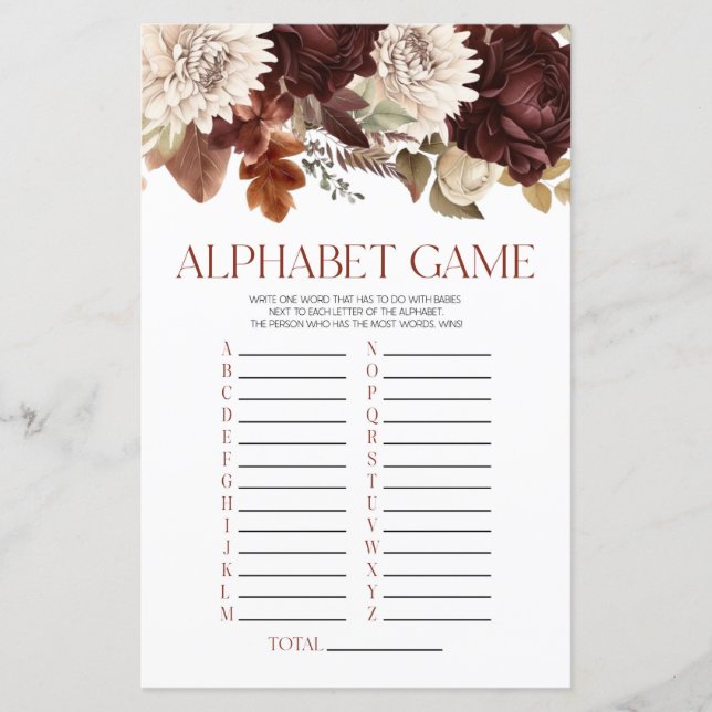 Lámina Burgundy Floral Flores Alphabet Baby Shower Game (Anverso)
