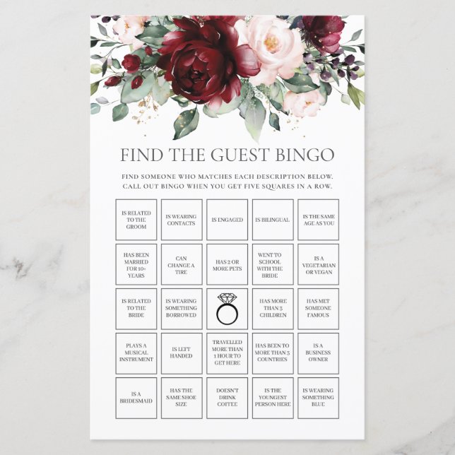Lámina Burgundy Floral Fun Bridal Encontrar Bingo Invitad (Anverso)